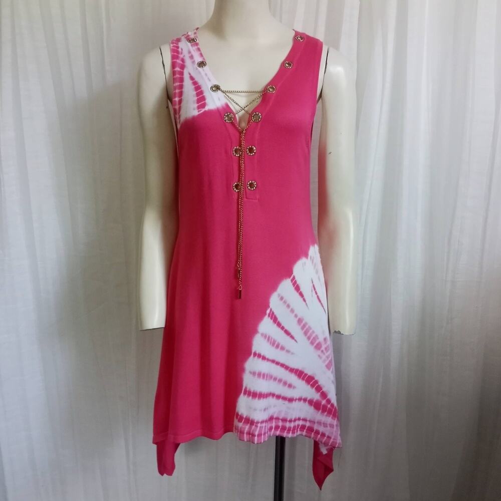 BELLDINI Rhinestone Tie Dye Knit Tunic Top Med Chain Lace Up High Low Hot Pink